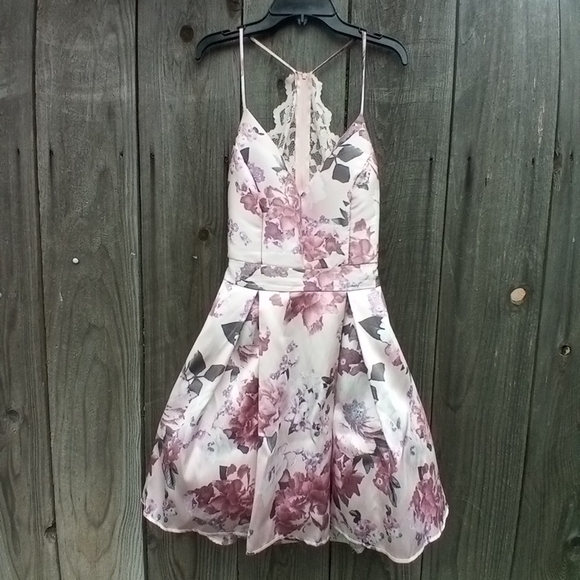 Windsor Floral Pink Satin Lace A Line Dress Junior Sz 7/8 Zip Sleeveless V Neck - Picture 3 of 13